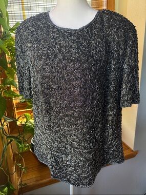 VTG 90’s Papell Boutique Silk Beaded Evening Top 2X Black Floral Embellished